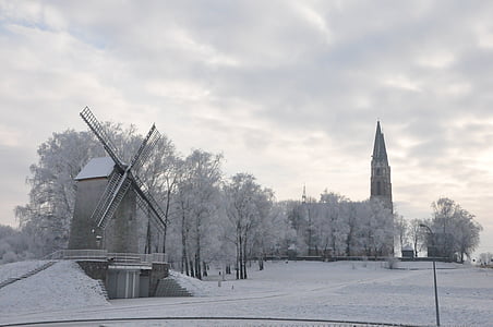 Podlasie, Inverno, moinho de vento, Biel, Igreja