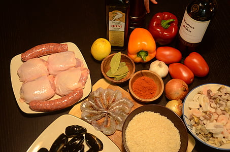 spanish cuisine, paella, wine, kitchen, ingredients, tomatoes, shrimp