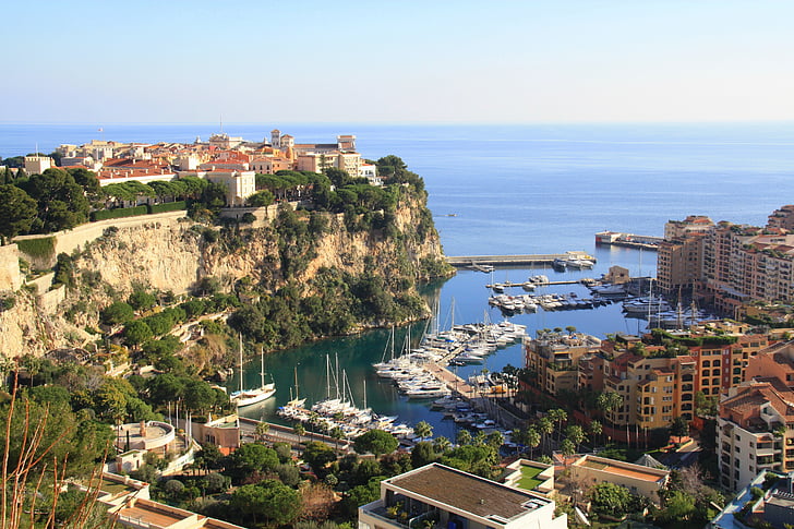 Monaco, havet, solen, port, Frankrig, Rock, landskab
