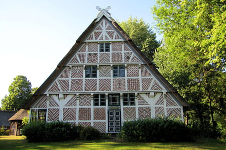 Casa, fachwerkhaus, casa de fazenda, velho continente, área de fruticultura, Elbe, arquitetura