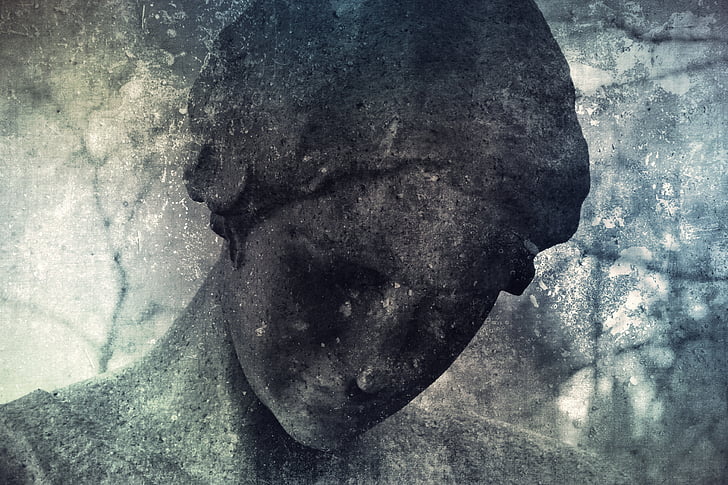 vaguely, face, woman, stone, dark, emotions, stilled