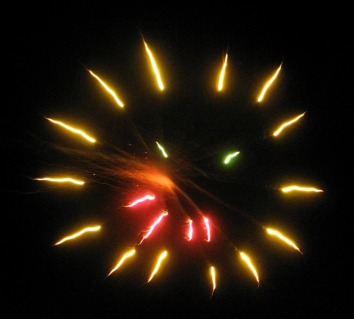 fogos de artifício, rosto sorridente, luzes, vermelho, laranja, ouro, preto
