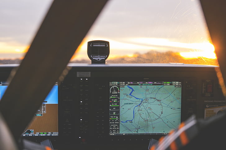aeronaus, avió, cabina, mapa, navegació, pantalla, viatges