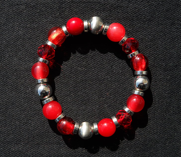 bracelet, red, beads, jewellery, sparkling, noble, silver