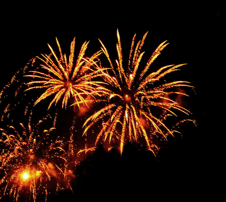 fuegos artificiales, fin de año, rojo, noche, cielo, Rayos, Pirotecnia