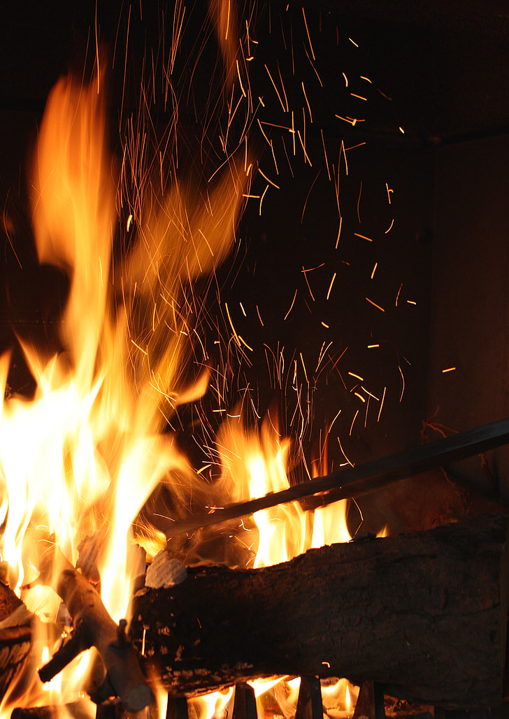 fire, fireplace, heat, light, sparks, poke, flames