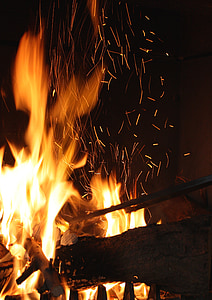 火, 暖炉, 熱, 光, スパークス, 突く, 炎
