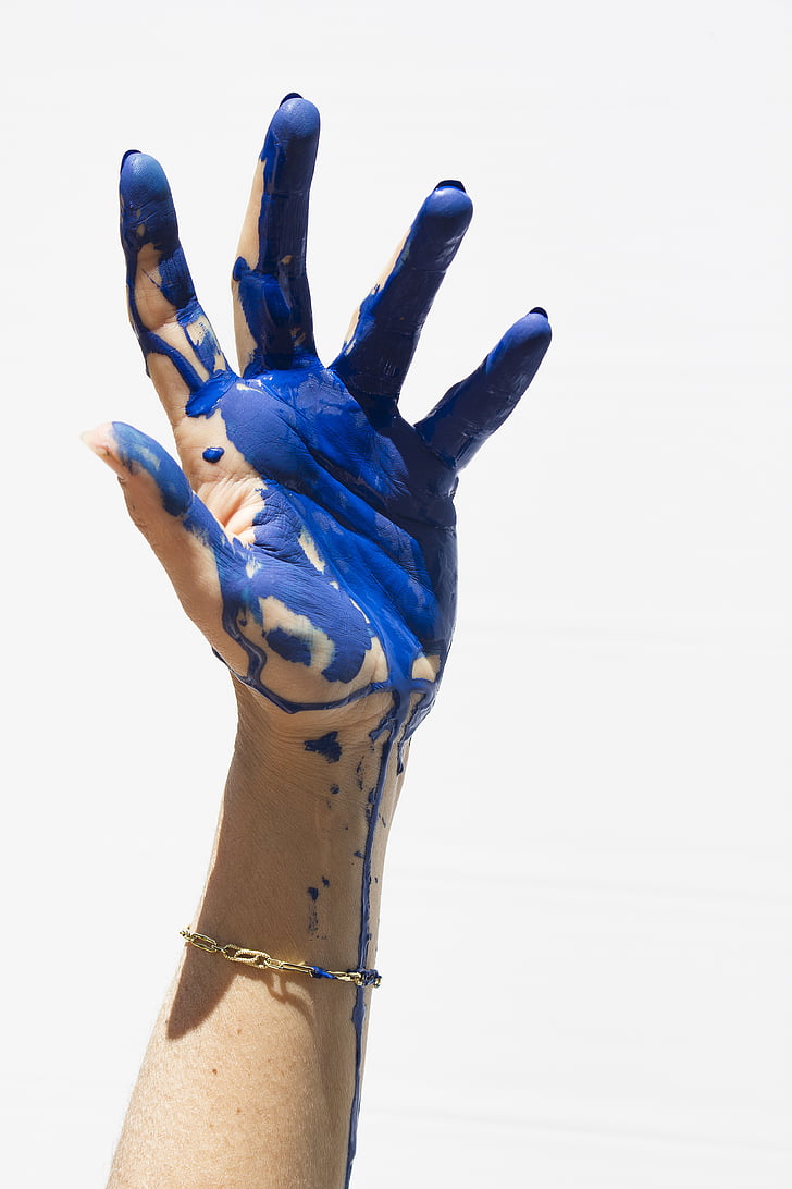 farge, blå, maleri, hender, menneskelige hånden, menneskekroppen del, menneskelige finger
