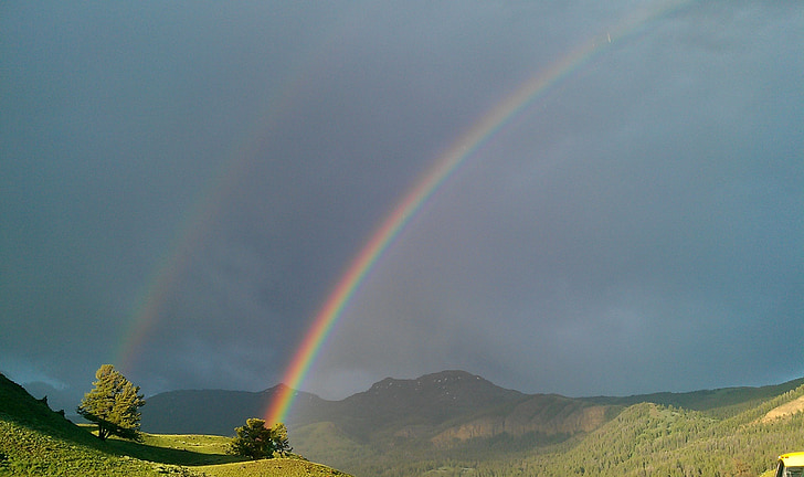 rainbow, double rainbow, yellowstone, thunderstorm, rain, sky, clouds