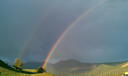 arco iris, arco iris doble, Yellowstone, tempestad de truenos, lluvia, cielo, nubes
