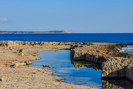 cyprus, ayia napa, makronissos, rocky coast, landscape, reflections, horizon