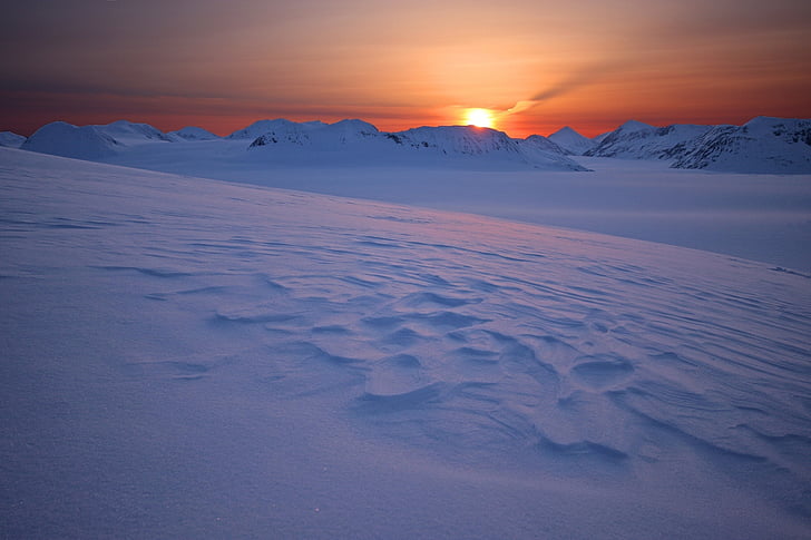 sunrise, harding ice fields, snow, cold, colorful, sky, frozen