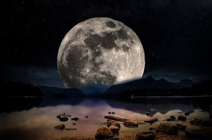 ainava, naktī, mēness, debesis, zvaigznes, ezers, ūdens
