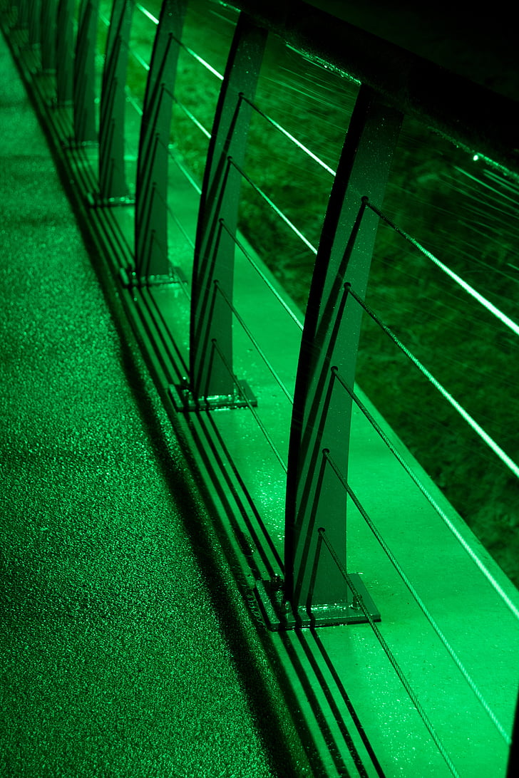 bridge, dark, lighting, green, street, railing, repetition