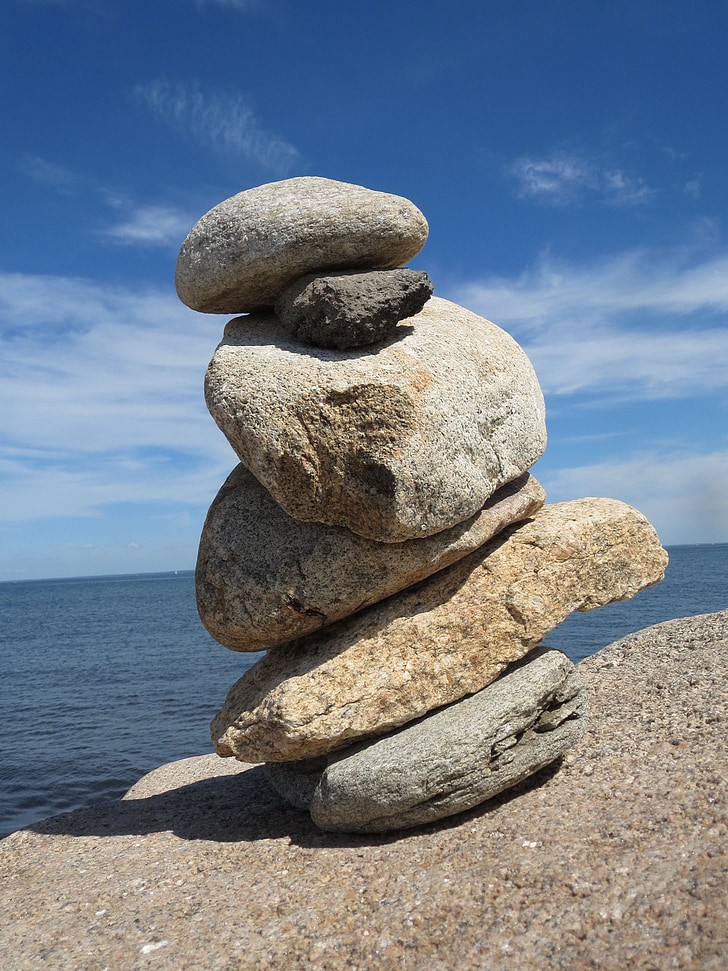 balance, rocks, beach, sky, summer, ocean, nature