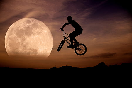 Lluna, cel, la lluna a la nit, BMX-rad, esport, silueta, posta de sol