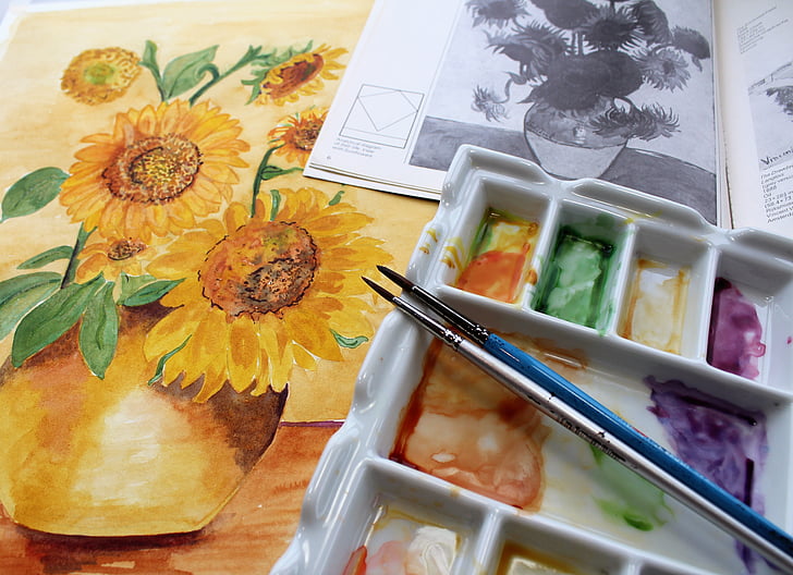 måla akvarell, pensel, palett, blomma målning, solrosor, Van gogh, borste