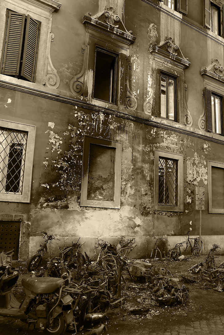 Rome, brûlé, Rose, façade, noir et blanc, vieux