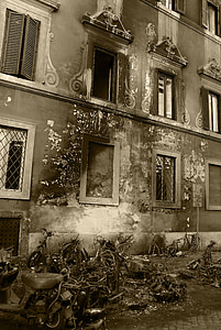 Roma, quemado, color de rosa, fachada, blanco y negro, antiguo