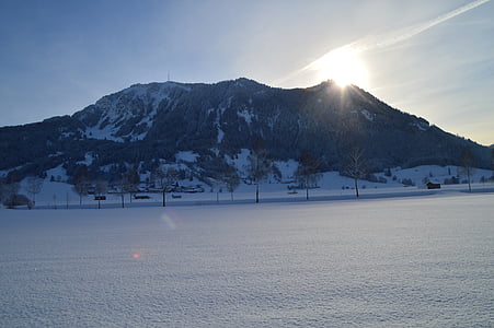 Inverno, nascer do sol, frio, Allgäu, esverdeou