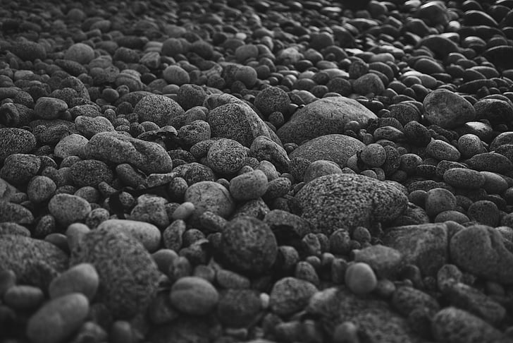 black-and-white, depth of field, pebbles, rocks, backgrounds, nature, pattern