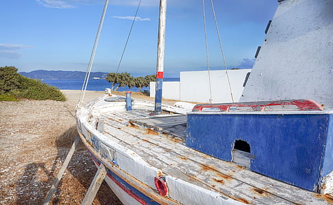 Milos, perahu nelayan tua, langit biru, tradisional, perahu nelayan, laut, kapal laut