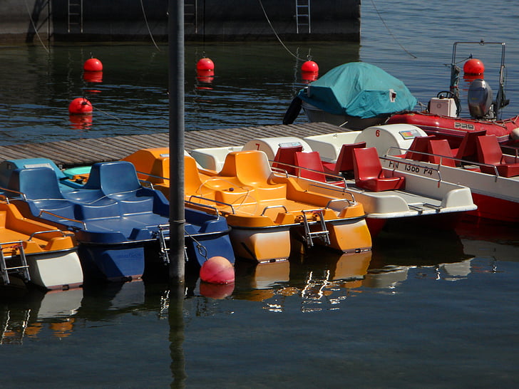 pedal boats, pedal boat, pedal boat rentals, color, lake constance, colorful, lined up