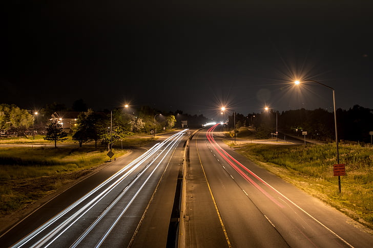 Reflektory, drogi, noc, autostrad, jezdni, Samochody, transportu