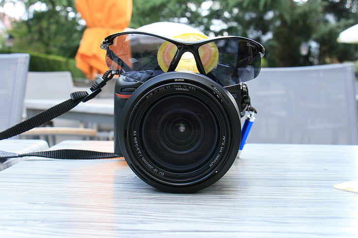 Verão, câmera, óculos de sol, engraçado, Restaurante jardim, câmera - equipamento fotográfico, equipamentos