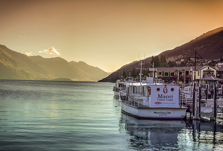 queenstown, beach, new zealand, colorful boats, sky, lake, sunset