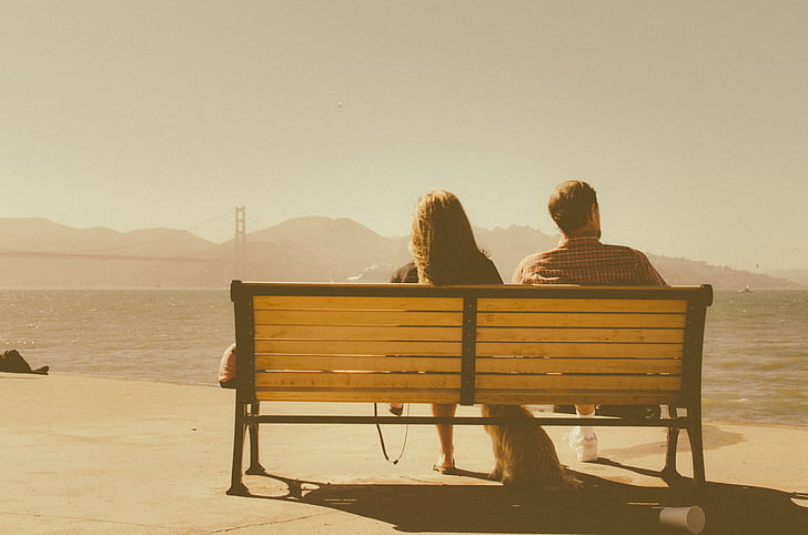par, Romance, Kärlek, tillsammans, bänk, sitter, Golden gate-bron