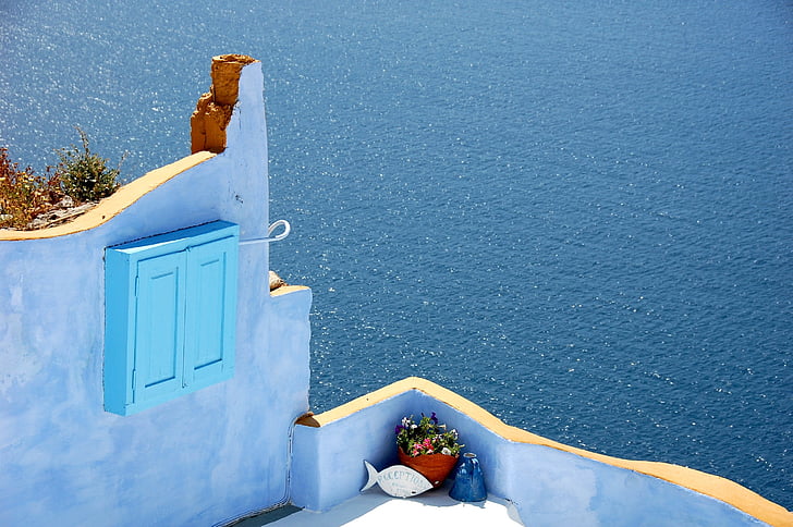 Santorini, mėlyna, sala, spalva, Graikija, žiemą, sniego