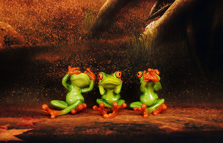 not see, not hear, do not speak, frogs, figures, funny, fun