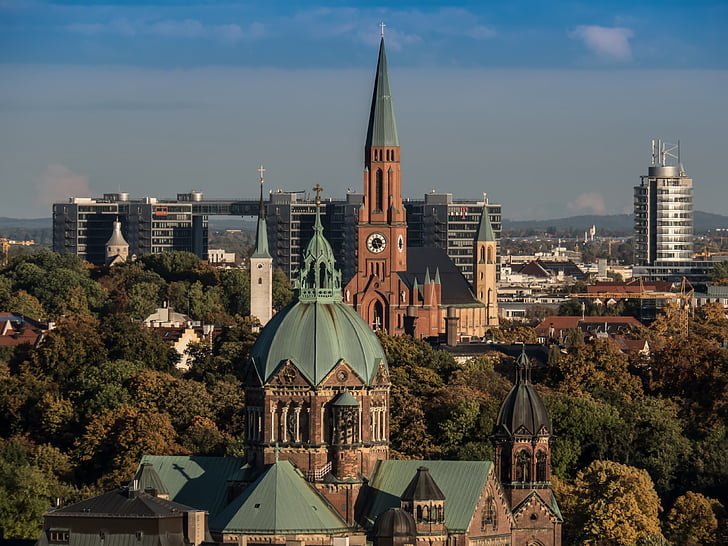 Мюнхен, църкви, steeples, часовник, град, архитектура, кула