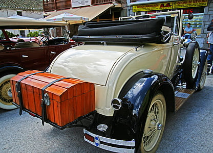 antique car, vintage, trunk, wooden trunk, spain, antique, classic