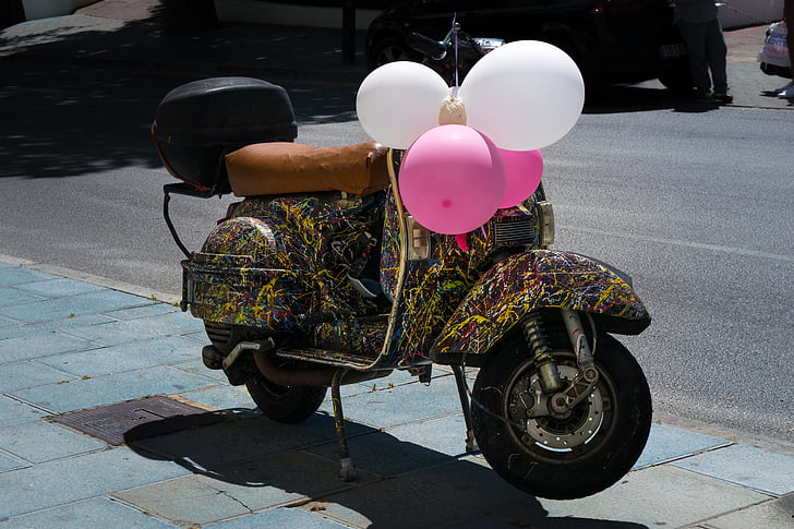 scooter, moto, balloons, color, camouflage, vehicle, colors