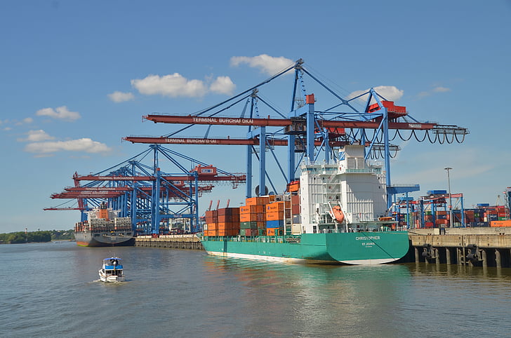 Hamburg, fartyg kran terminal, fartyg, behållare, fraktfartyg, vatten, Boot
