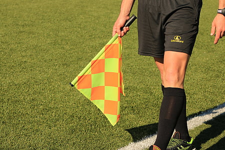 flag, lineman, referee, soccer match, field, sport, football