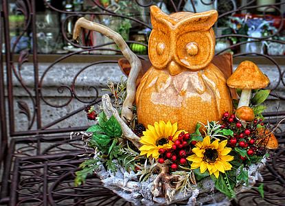 autumn, arrangement, deco, owl, painted, decorative, decoration