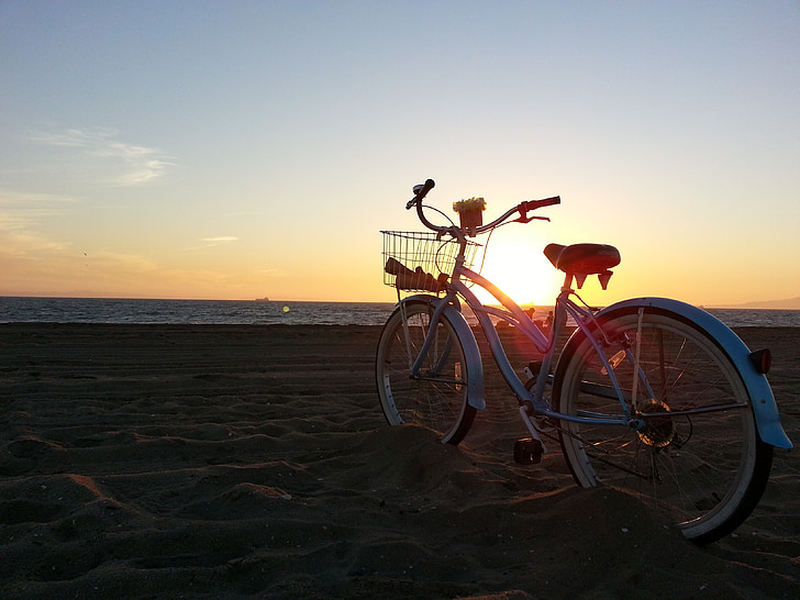 sunset, beach, bike, ride, nature, landscape, sun