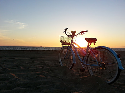 サンセット, ビーチ, 自転車, 乗る, 自然, 風景, 太陽