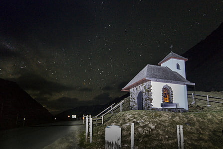 chapel, church, night, small church, alpine, bell tower, sölk