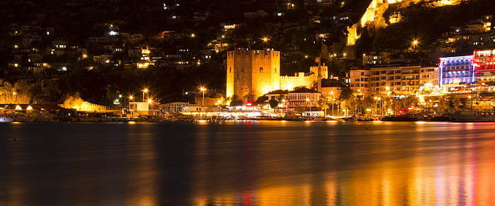 Alanya, à noite, Antalya, Turquia, azul, fuzileiro naval, Antalya-Mediterrâneo
