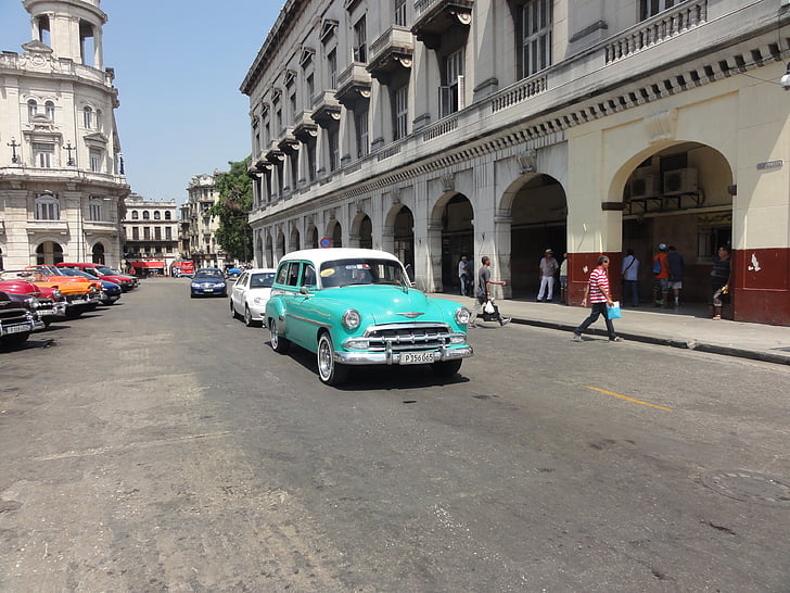 Kuba, Havanna, Old-Timer, kék, tengerzöld, utca, közúti