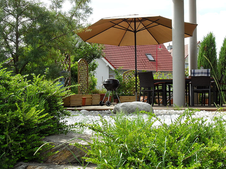 terrasse, jardin, idylle, récupération, parasol
