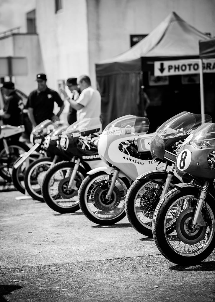 motorkerékpár, Vintage, áramkör, Café racer, verseny, fekete-fehér, az emberek