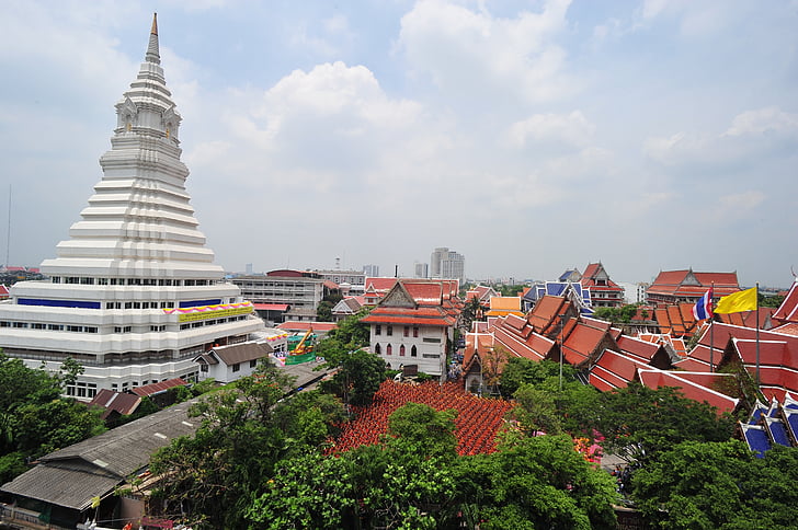 bangkok, pagoda, buddhism, thailand, city, roofs, houses