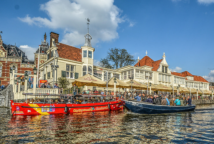 Amsterdam, båtar, färgglada, Nederländska, Canal, floden, arkitektur
