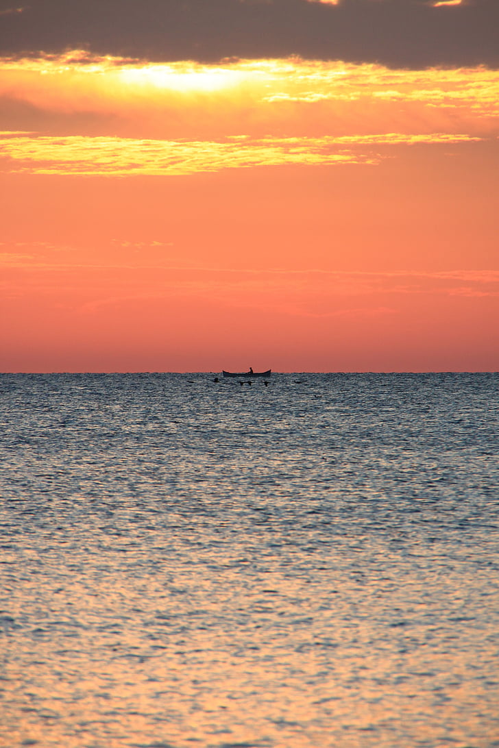boat, dark, fisherman, fishing, red, sea, sunrise