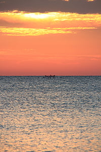 bateau, sombre, pêcheur, pêche, rouge, mer, lever du soleil